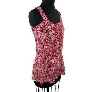 ROBIN K. Red White Print Sleeveless Square Neckline Pullover Peplum Tank Top S?